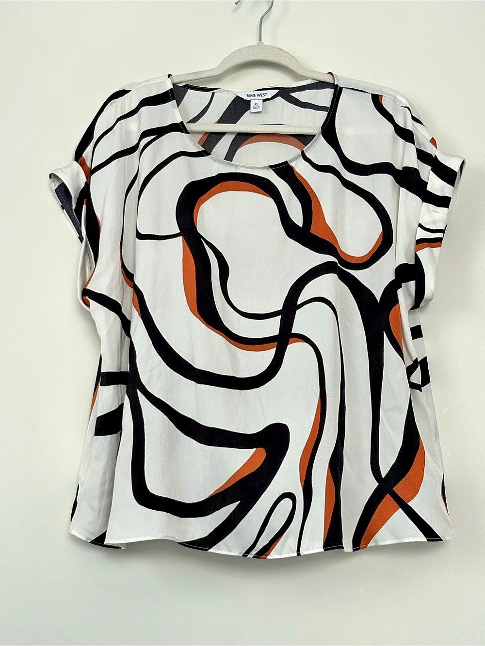 Nine West XL Abstract Swirl Print Blouse White Black Rust Short Sleeve